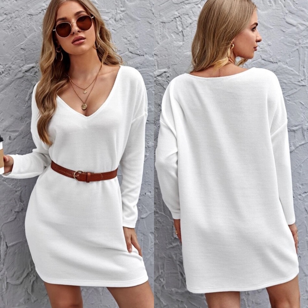 White knit sweater dress v neck long sleeve - Picture 2 of 3